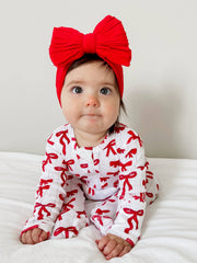 Red Bows / Organic Pointelle 2-Way Zip Footie: Newborn