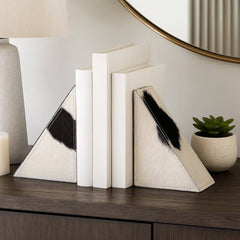 Bookends Set of 2 - White/Black Cowhide Print, 7 in.