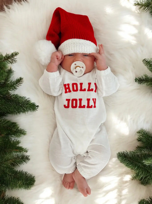 Holly Jolly White / Organic Long Sleeve Jumpsuit: 3-6M