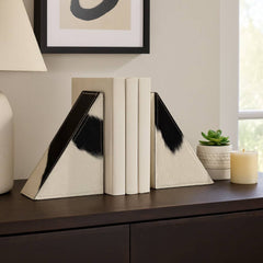 Bookends Set of 2 - White/Black Cowhide Print, 7 in.
