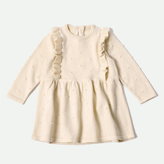 Milan Ruffle Bobble Baby Sweater Knit Dress (Organic Cotton): Cream / 3-6M