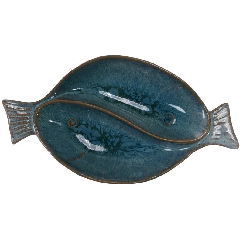 Blue Glazed Stoneware Fish-Shaped dish w/ two sections