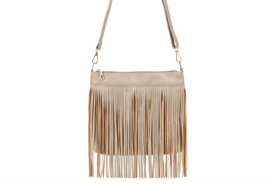 Ladies Western Motif Fringe Shoulder Handbag: Beige