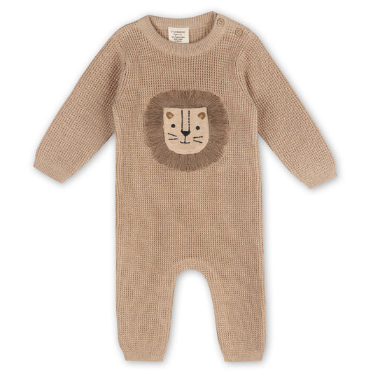 Lion Applique Chunky Sweater Knit Baby Jumpsuit (Organic): Oat Heather / 0-3M