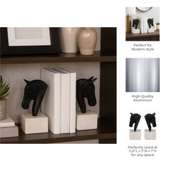 Bookends Set of 2 - White/Black Metal Horse Head, 7 in.