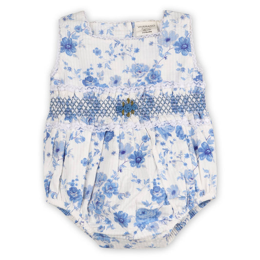 Capri Seersucker Baby Bubble Romper + Headband (Organic): Blue Floral / 3-6M