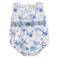 Capri Seersucker Baby Bubble Romper + Headband (Organic): Blue Floral / 3-6M