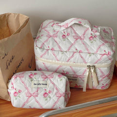 Bow Print Soft zipper Lid Make Up Bag: Pink / Large