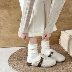 Winter Bow Embroidered Thick Plush Crew Socks DP25G601: Ivory / One Size
