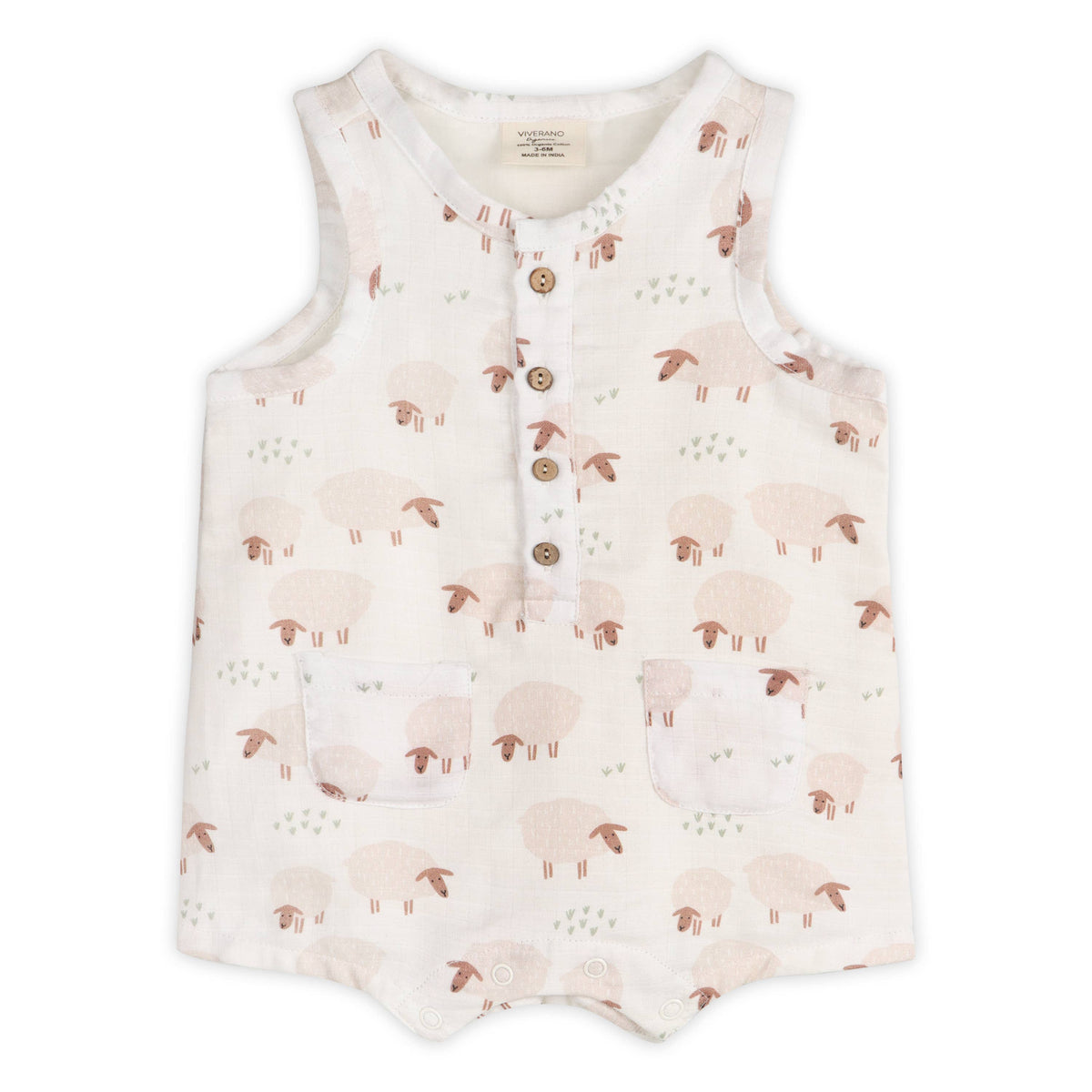 Sheep Sleeveless Baby Romper (Organic Muslin): NATURAL / 3-6M
