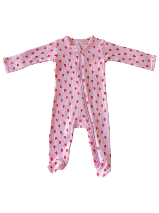 Pink Strawberry / Organic Pointelle 2-Way Zip Footie: Newborn