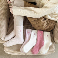 Winter Bow Embroidered Thick Plush Crew Socks DP25G601: White / One Size