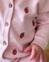 Strawberry Embroidered Knit Baby Cardigan (Organic Cotton): Pink Heather / 3-6M