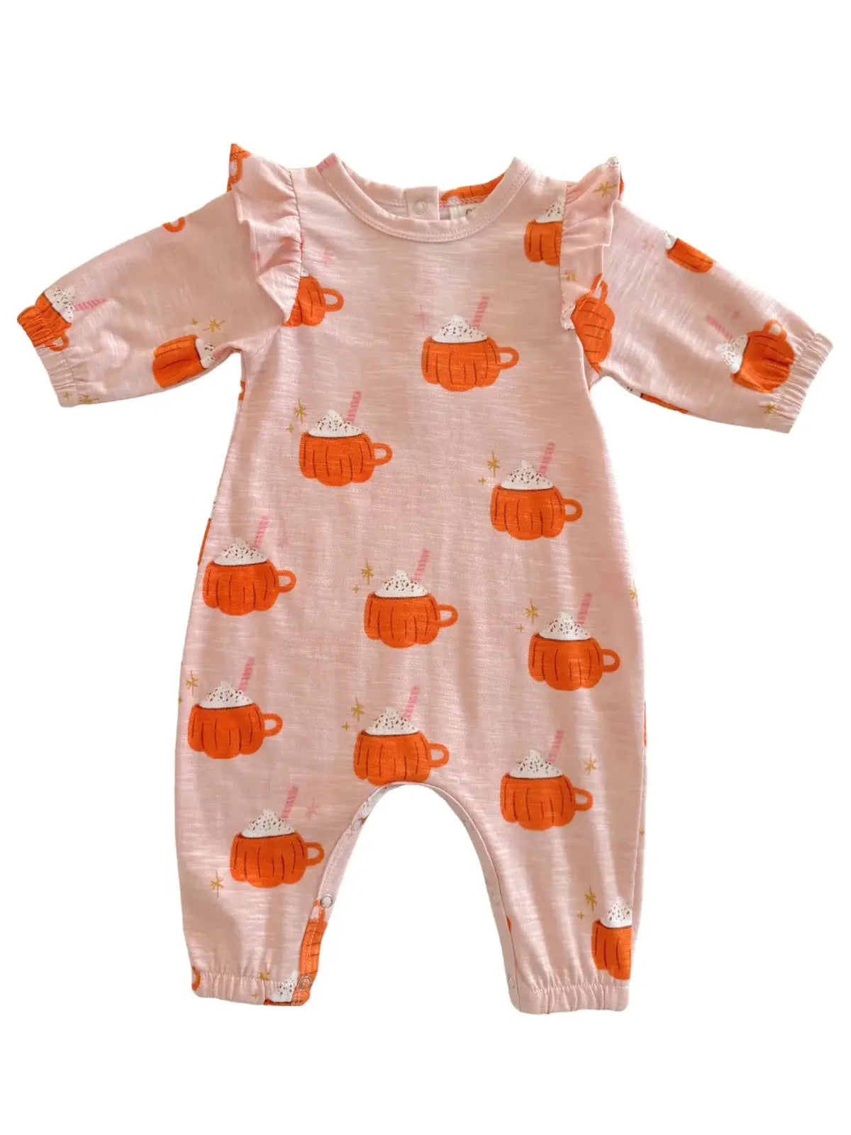 Pumpkin Mug Pink / Organic Long Sleeve Ruffle Jumpsuit: 12-18M