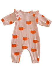 Pumpkin Mug Pink / Organic Long Sleeve Ruffle Jumpsuit: 18-24M
