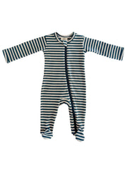 Steel Blue Stripe / Organic Ribbed Zip Footie: 3-6M