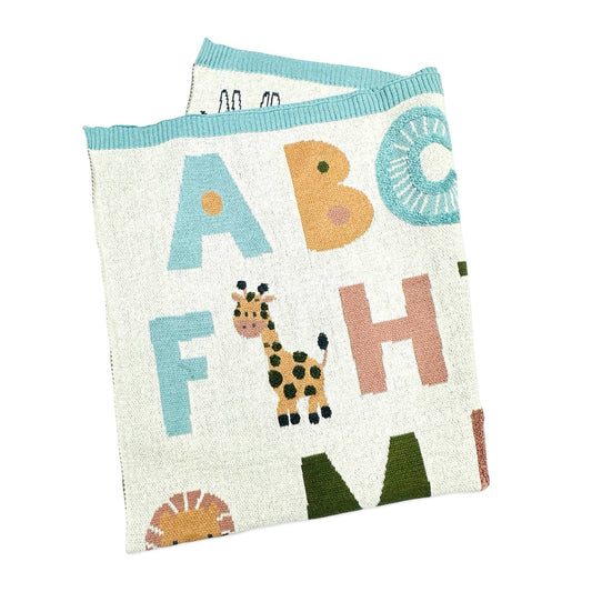 Alphabet Blue - Organic Jacquard Sweater Knit Baby Blanket: Natural/Blue / One Size