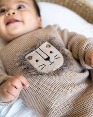 Lion Applique Chunky Sweater Knit Baby Jumpsuit (Organic): Oat Heather / 0-3M
