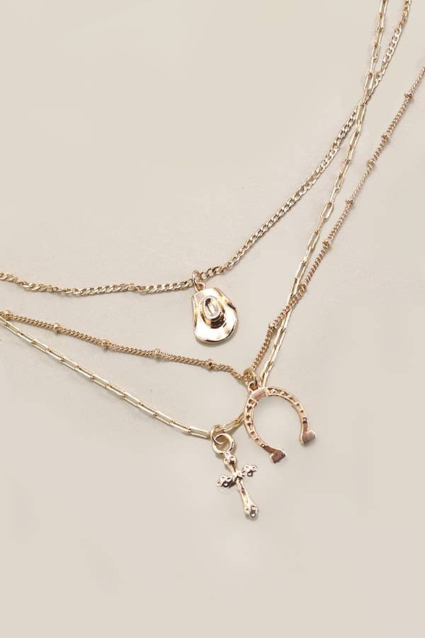 Trio Layer Necklace - Gold Horseshoe + Cross + Hat