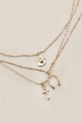 Trio Layer Necklace - Gold Horseshoe + Cross + Hat