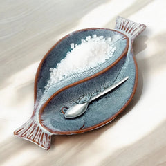 Blue Glazed Stoneware Fish-Shaped dish w/ two sections