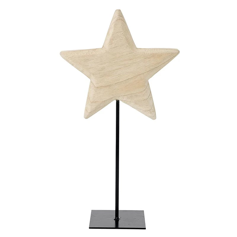 Wood Star On Iron Stand - Natural - Small