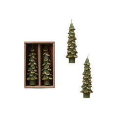 Tree Shaped Taper Candles w/ Gold Tips in Box, Set of 2