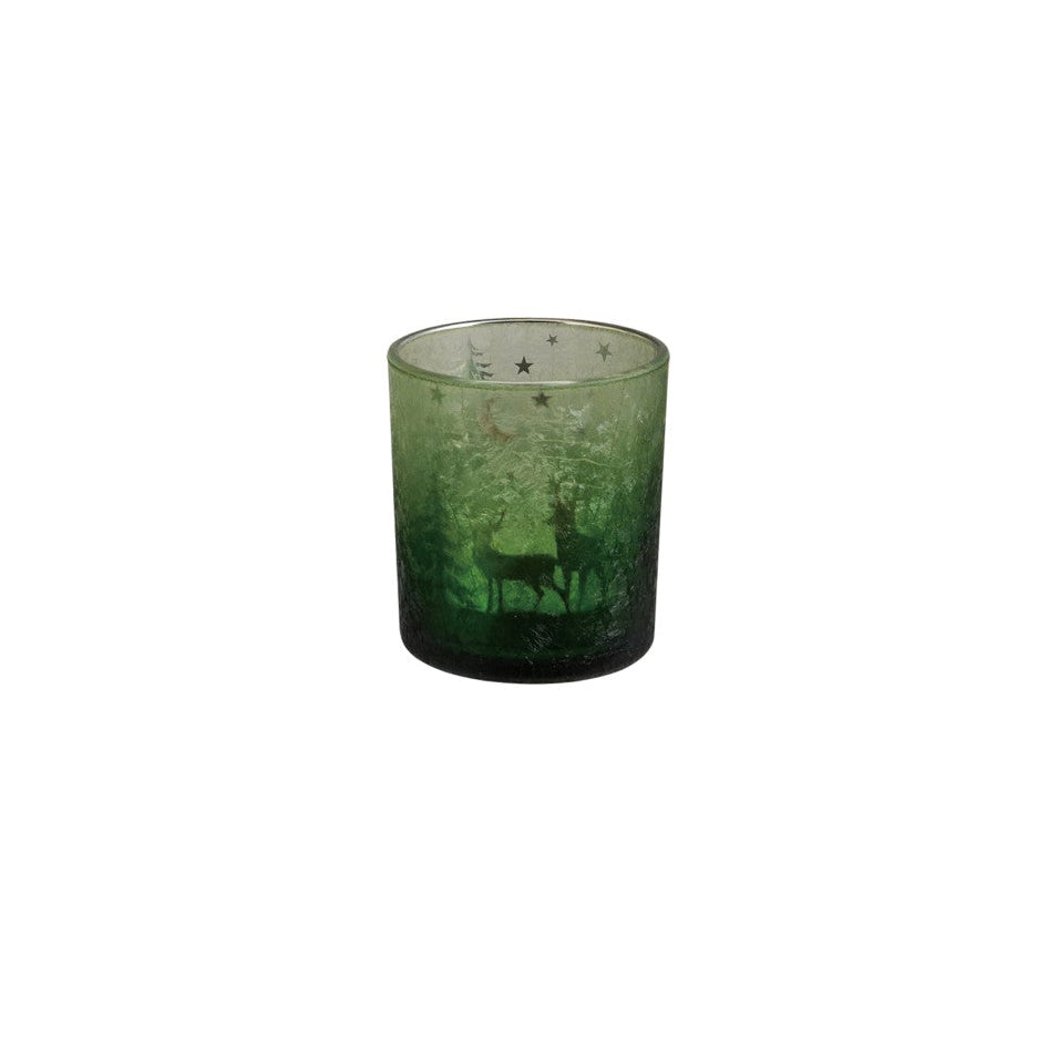 Mercury Glass Tealight/Votive Holder with Laser Etched Scene, Green