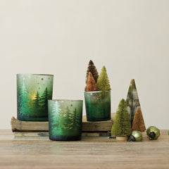 Mercury Glass Tealight/Votive Holder with Laser Etched Scene, Green