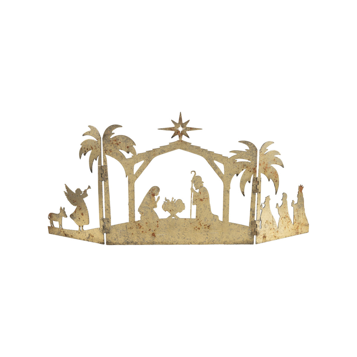 Metal Folding Mantle Scene with Nativity, Distressed Gold Finish