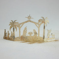 Metal Folding Mantle Scene with Nativity, Distressed Gold Finish