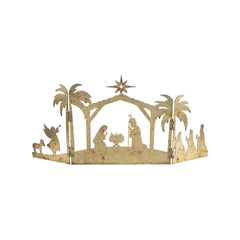 Metal Folding Mantle Scene with Nativity, Distressed Gold Finish