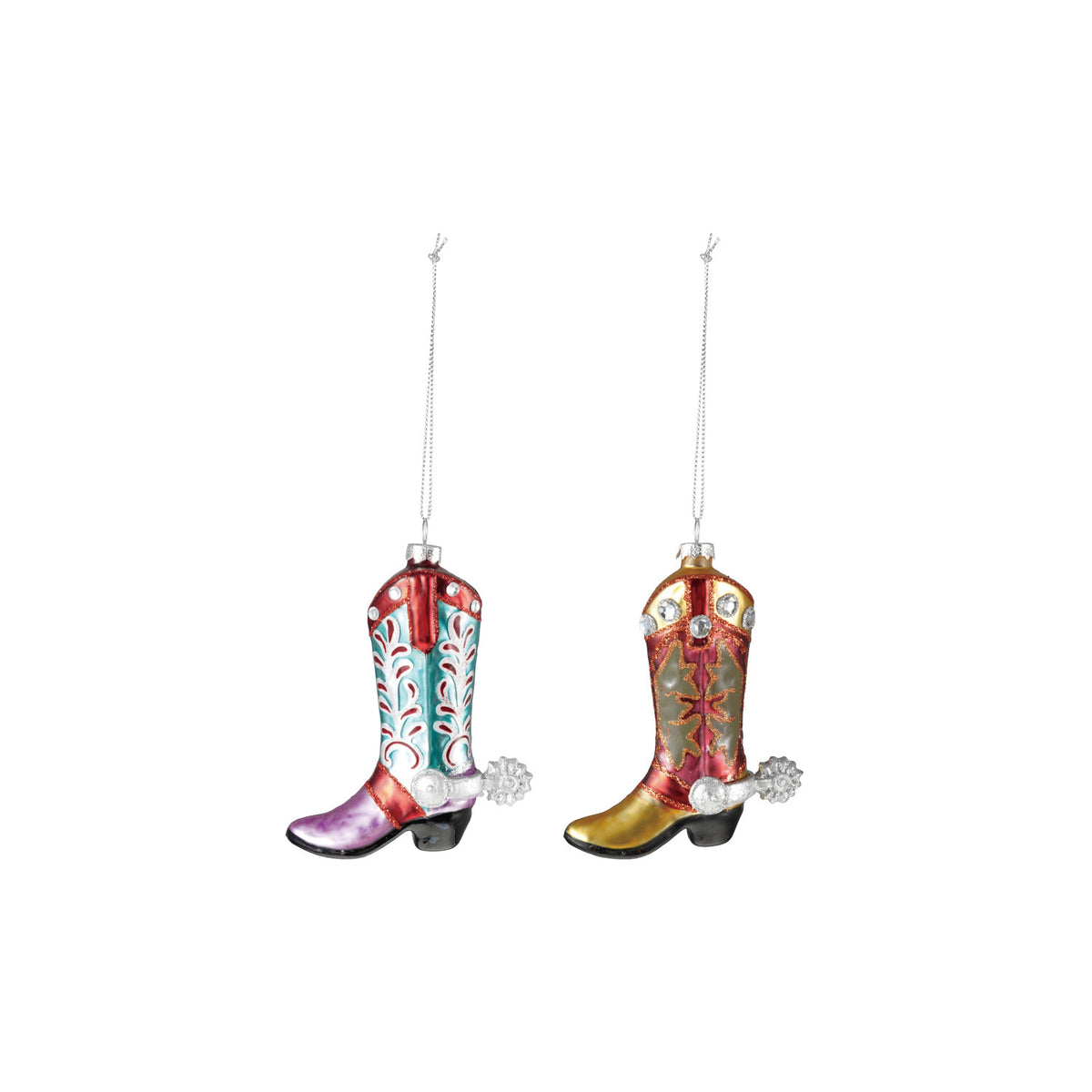 Hand-Painted Glass Cowboy Boot Ornament with Glitter & Jewels, 2 Styles